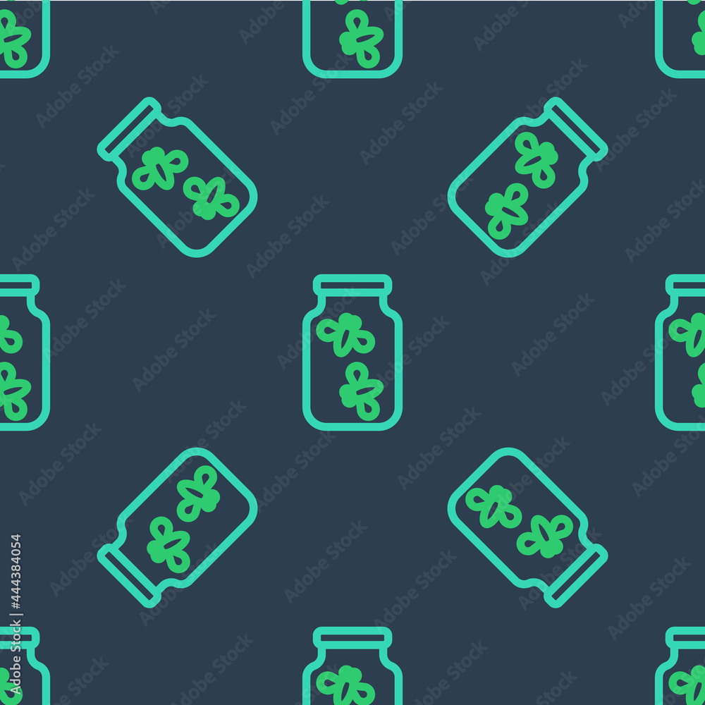 Poster line fireflies bugs in a jar icon isolated seamless pattern on blue background. vector