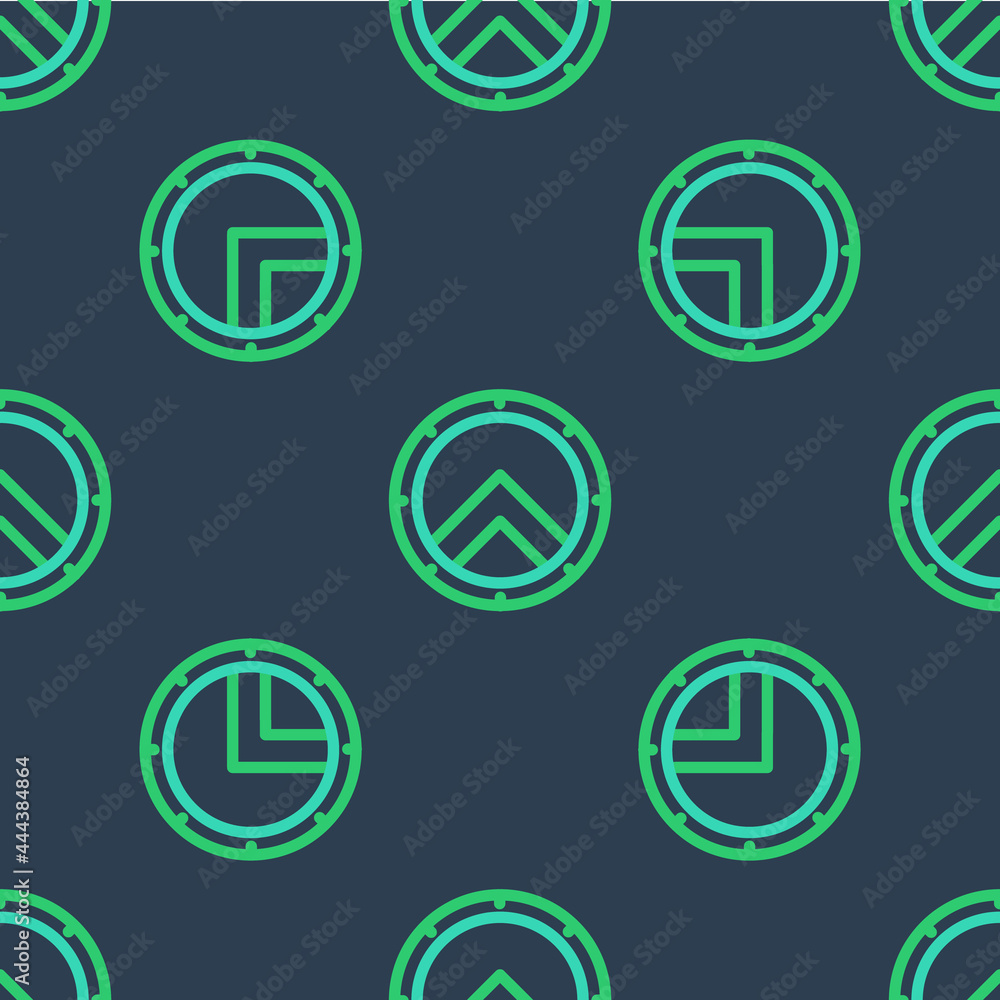 Sticker Line Greek shield with greek ornament icon isolated seamless pattern on blue background. Vector