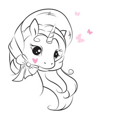 Portrait of cute little smiling unicorn in a beautiful hat on his head .Hand drawn illustration for your design. Color book.