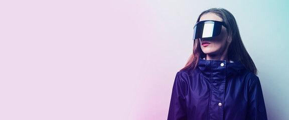 Young woman with glasses and BP in a blue jacket added gradient on a light background. Banner