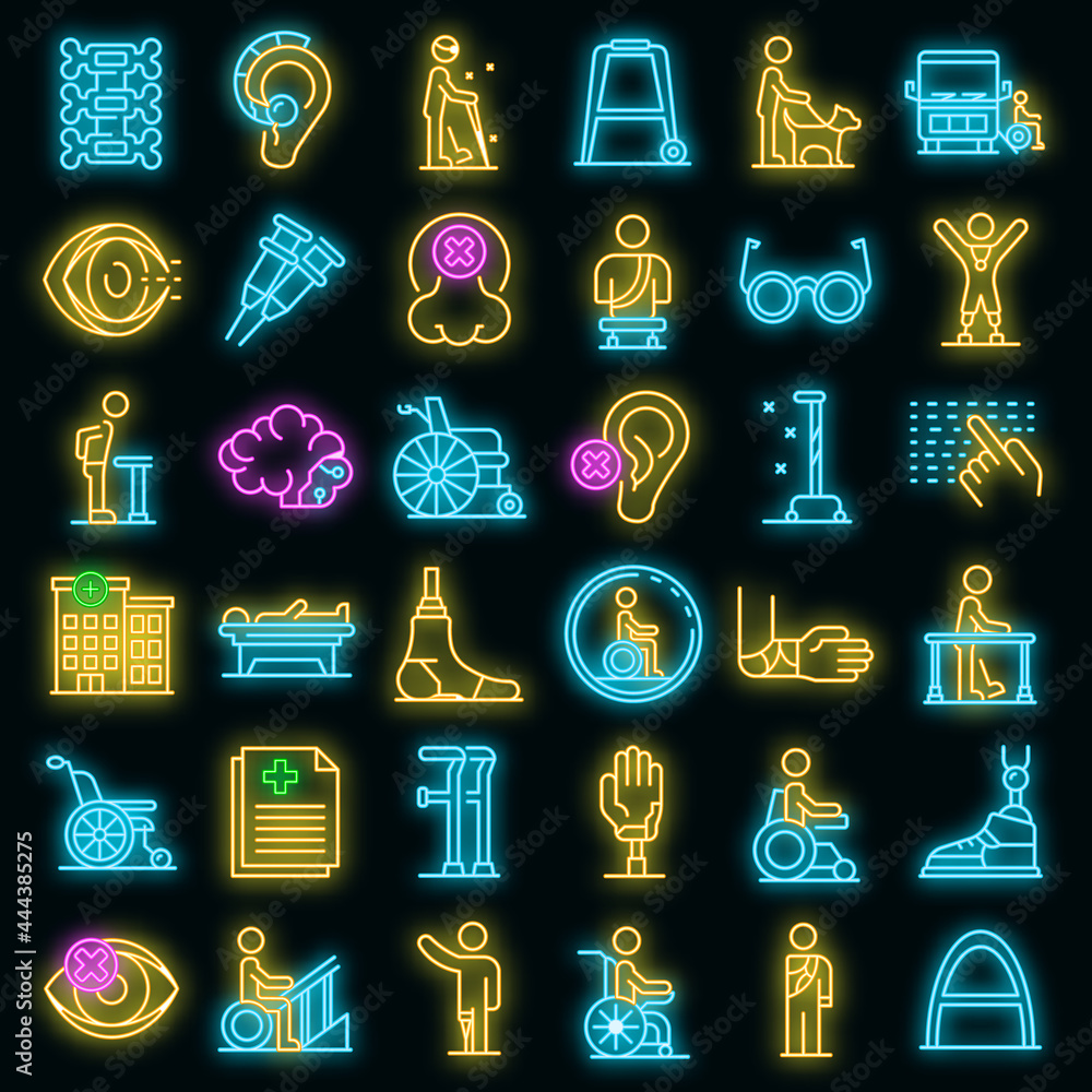 Poster handicapped icons set. outline set of handicapped vector icons neon color on black