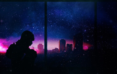 silhouette of a person in the night  anime scene  girl sit alone beside the window 