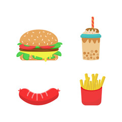 Vector cartoon of junk food includes burgers, ice milk tea, sausages and french fries. Suitable for food product