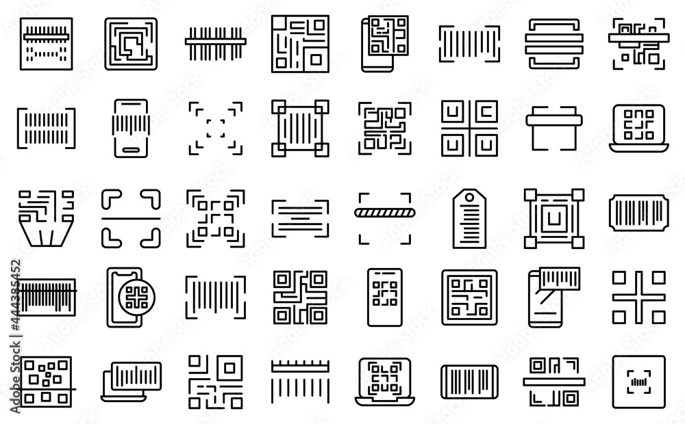 Poster code scanning icons set outline vector. qr barcode. mobile phone scanner