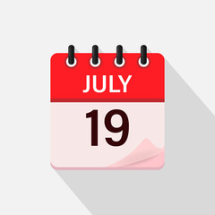July 19, Calendar icon with shadow. Day, month. Flat vector illustration.