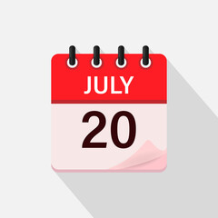 July 20, Calendar icon with shadow. Day, month. Flat vector illustration.
