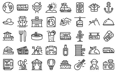 Retirement travel icons set outline vector. Health insurance safety. Medical travel policy