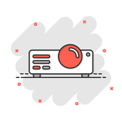 Video projector sign icon in comic style. Cinema presentation device cartoon vector illustration on white isolated background. Conference splash effect business concept.