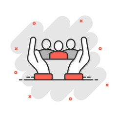 People and hand icon in comic style. Protect life cartoon vector illustration on white isolated background. Help splash effect business concept.