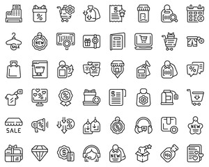 New price icons set outline vector. Sale discount. Fire new deal