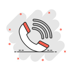 Phone icon in comic style. Telephone call cartoon vector illustration on white isolated background. Mobile hotline splash effect business concept.