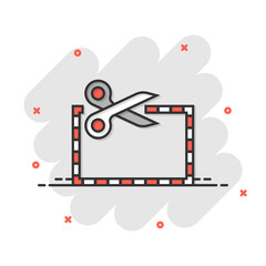 Coupon cut lines icon in comic style. Scissors snip cartoon sign vector illustration on white isolated background. Sale sticker splash effect business concept.