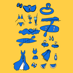 summer things for recreation on the sea,river, for recreation, hat with large brims from the sun, stole, women's swimsuit,flip-flops for the sea, short shorts,short top, sunscreen, flamingo circle for