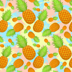 Pineapple seamless pattern on pastel stains background. Tropical fruit repeating endless texture. Yummy boundless background. Food surface pattern design. Editable tile for textile or stationery