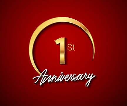 1st anniversary golden color with circle ring isolated on red background for anniversary celebration event.