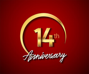 14th anniversary golden color with circle ring isolated on red background for anniversary celebration event.