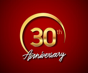 30th anniversary golden color with circle ring isolated on red background for anniversary celebration event.