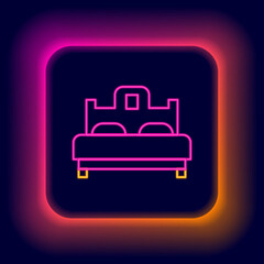 Obraz na płótnie Canvas Glowing neon line Bedroom icon isolated on black background. Wedding, love, marriage symbol. Bedroom creative icon from honeymoon collection. Colorful outline concept. Vector