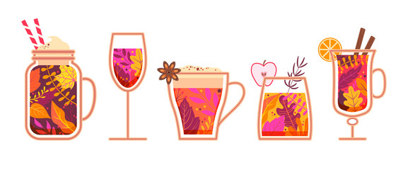 Autumn hot spicy drinks. Glasses with drinks filled with fall leaves with whipped cream, marshmallow, friuts and vanilla,cinnamon, anise. Hot tea, coffee, chocolate, wine.Vector for web,design, print.