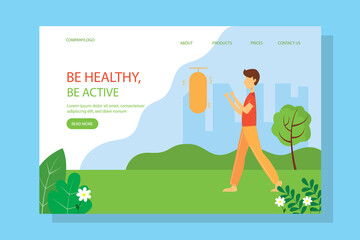 Man boxing in the park on the landing page, concept illustration for healthy lifestyle, outdoor activities, exercising. illustration in flat style