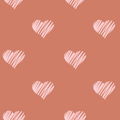 Doodle hearts texture. Seamless vector pattern. Coffee milk color.