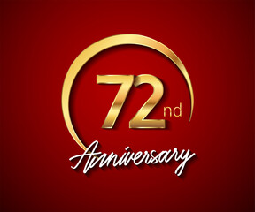 72nd anniversary golden color with circle ring isolated on red background for anniversary celebration event.