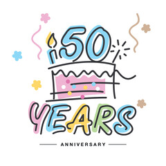 50 Years Anniversary handwritten typography lettering Greeting card with colorful big cake, sparkle firework, number, candle and confetti
