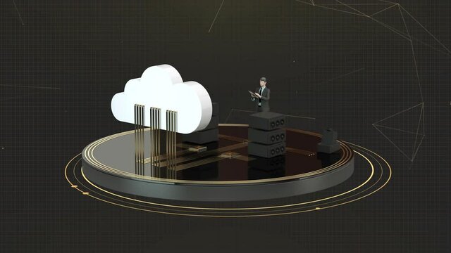 Business man controlling cloud computer in large capacity server room with futuristic user interface. 4k animation.