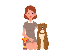 Happy dog owner sits next to her pet winner the cup in the dog show. Awards of canine contest. Vector illustration isolated on white background