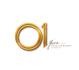 1st anniversary logo golden colored with linked number isolated on white background, vector design for greeting card and invitation card.