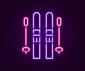 Glowing neon line Ski and sticks icon isolated on black background. Extreme sport. Skiing equipment. Winter sports icon. Colorful outline concept. Vector