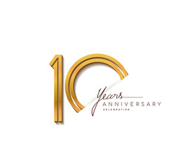 10th anniversary logo golden colored with linked number isolated on white background, vector design for greeting card and invitation card.