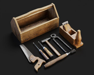 Vintage Wooden Carpenter Toolbox With Tools. 3D Render Of Old Tools Set