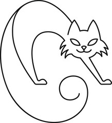 Vector linear cartoon playing cat. Minimalism, line art. Element for design card, illustration in ciloring book, print, poster, invitation, logo