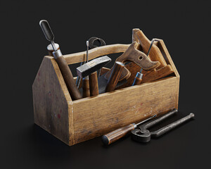 Vintage Wooden Carpenter Toolbox With Tools. 3D Render Of Old Tools Set - 444388698