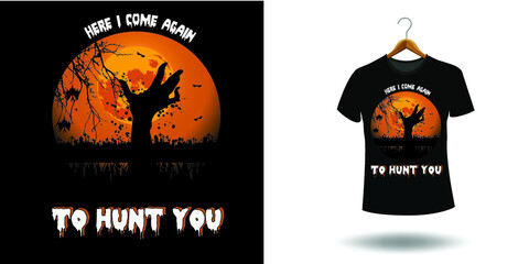 Halloween t shirt ready design. Printable Halloween design for t shirt. Vector design of pumpkin, witch, grave, moon and scary night. 
Scary easy printable t shirt design for men. women and child. - obrazy, fototapety, plakaty
