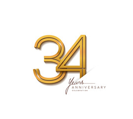 34th anniversary logo golden colored with linked number isolated on white background, vector design for greeting card and invitation card.