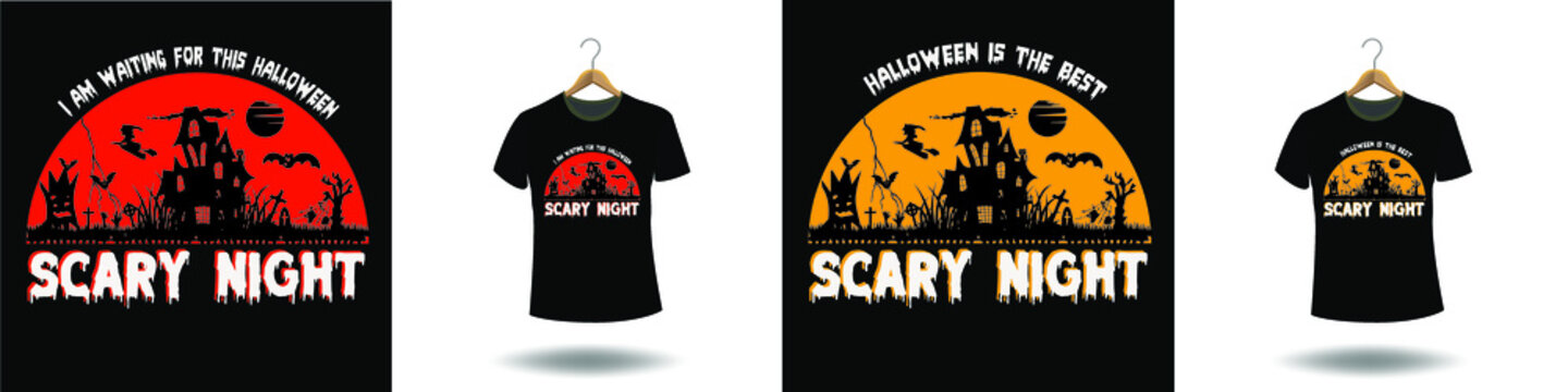 Halloween t shirt ready design. Printable Halloween design for t shirt. Vector design of pumpkin, witch, grave, moon and scary night. 
Scary easy printable t shirt design for men. women and child.