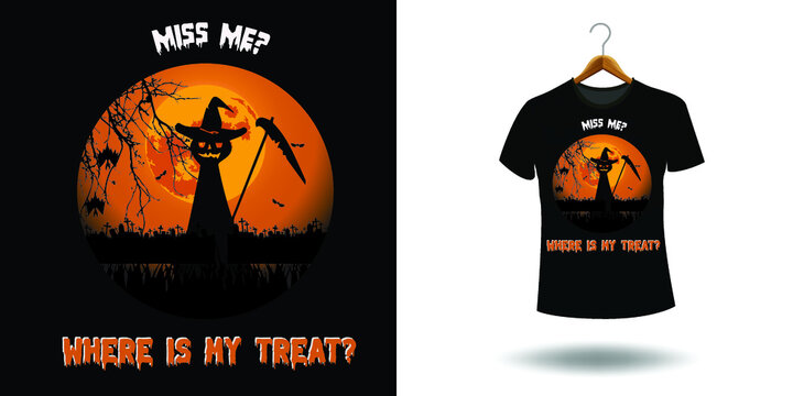 Halloween t shirt ready design. Printable Halloween design for t shirt. Vector design of pumpkin, witch, grave, moon and scary night. 
Scary easy printable t shirt design for men. women and child.