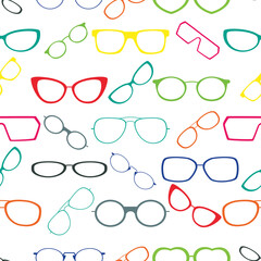 Colorful glasses frame seamless pattern background.  Great for eyewear themed fabric, wallpaper, packaging.

