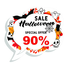 Sale Banner for Happy Halloween holiday. Autumn sale background with 90% discount. Discount card for web, poster, flyers, ad, promotions, blogs, social media, marketing. Halloween Sale special offer.