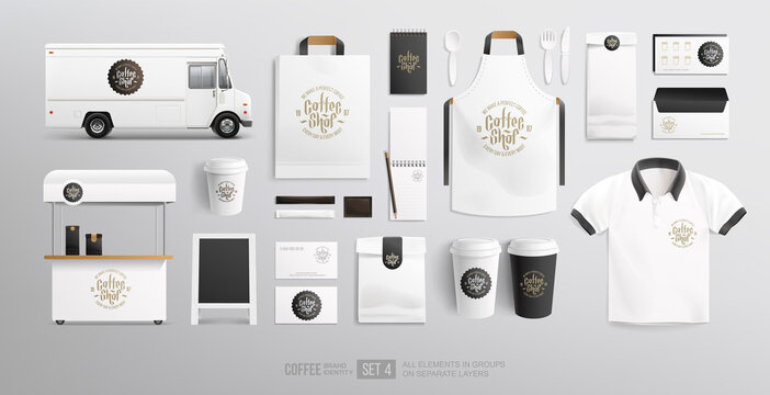 Concept of Coffee brand identity with logo on package Mockup set. Realistic MockUp set of delivery food truck, uniform, paper cup, food package, shopping bag. Fast food and beverage package design