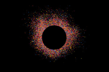 Colorful Frame Explosion Of Confetti. Grainy Abstract Multicolored Texture Isolated On Black Background. Space For Text. Vector Illustration, Eps 10.