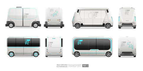 Futuristic Self driving mini bus Driverless electric van vector template. Autonomous shuttle bus mockup. Autonomous passenger transport vehicle side and front view. Future autonomous bus