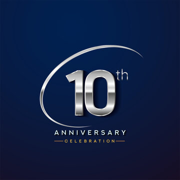 10th anniversary logotype silver color with swoosh or ring, isolated on blue background for anniversary celebration event.