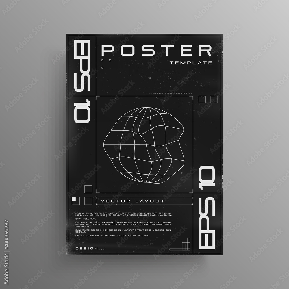 Poster retro cyberpunk poster with wireframe liquid distorted planet. black and white retrofuturistic poste