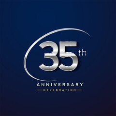 35th anniversary logotype silver color with swoosh or ring, isolated on blue background for anniversary celebration event.