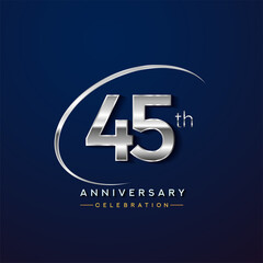 45th anniversary logotype silver color with swoosh or ring, isolated on blue background for anniversary celebration event.