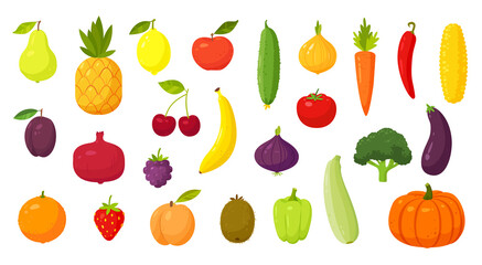 Set of cartoon fruits, vegetables and berries isolated vector illustration. Juicy Fruits and Vegetables in flat cartoon style. Organic food and healthy lifestyle