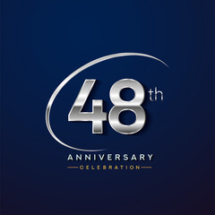 48th anniversary logotype silver color with swoosh or ring, isolated on blue background for anniversary celebration event.